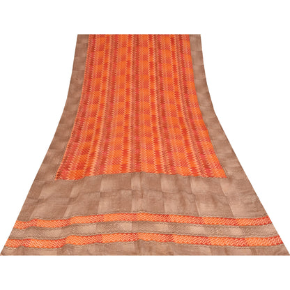 Sanskriti Vintage Sarees Orange Pure Crepe Silk Printed Sari 5+yd Craft Fabric
