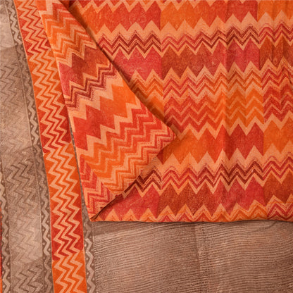 Sanskriti Vintage Sarees Orange Pure Crepe Silk Printed Sari 5+yd Craft Fabric