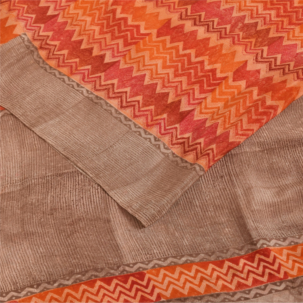 Sanskriti Vintage Sarees Orange Pure Crepe Silk Printed Sari 5+yd Craft Fabric