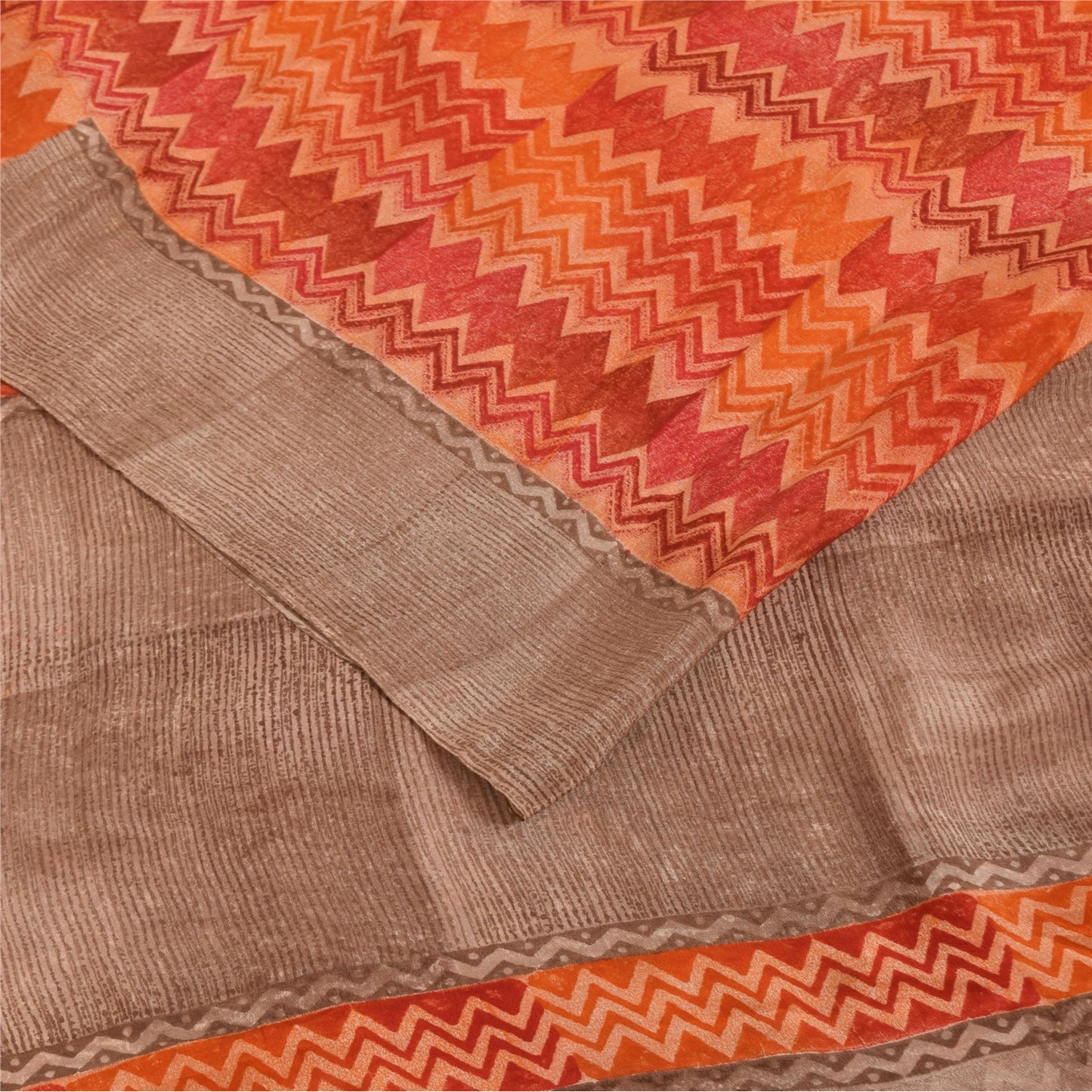 Sanskriti Vintage Sarees Orange Pure Crepe Silk Printed Sari 5+yd Craft Fabric