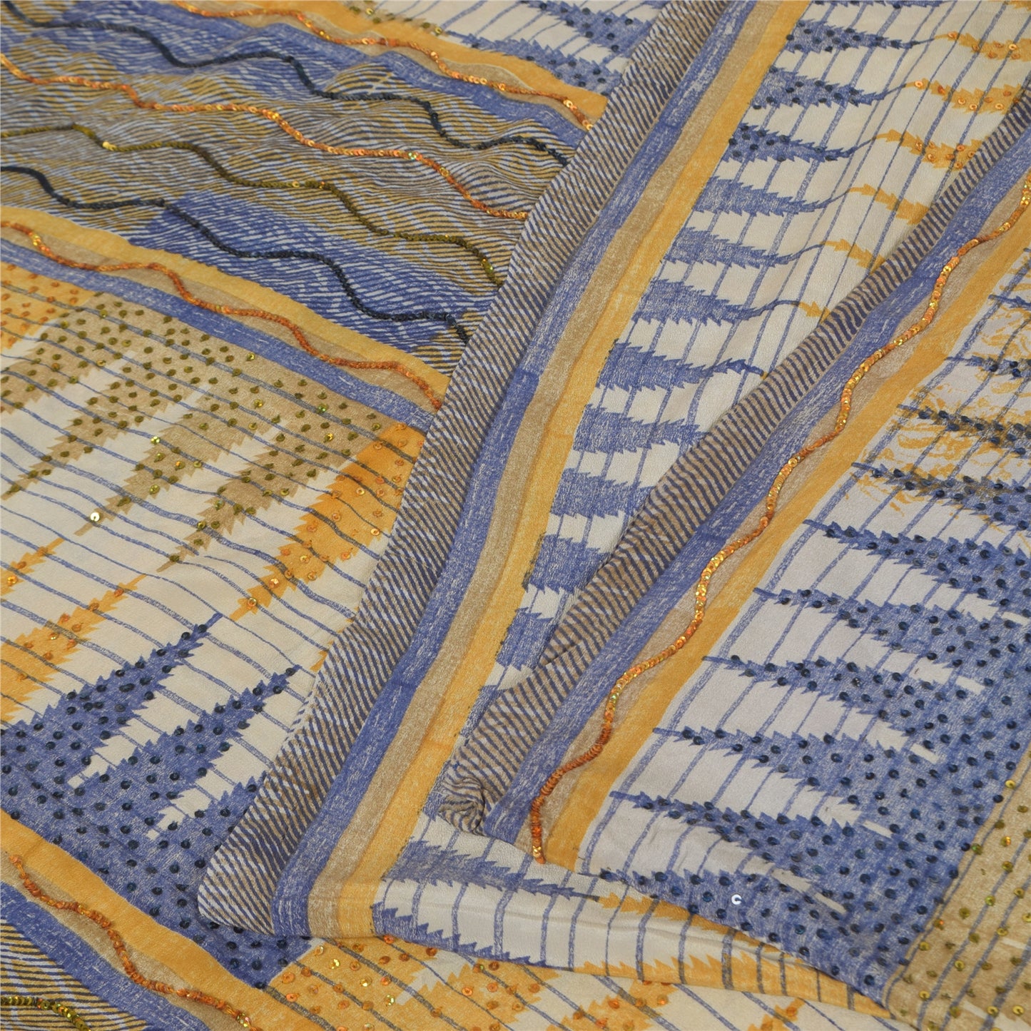 Sanskriti Vintage Sarees Embroidery Pure Crepe Silk Print Sari 5+yd Craft Fabric