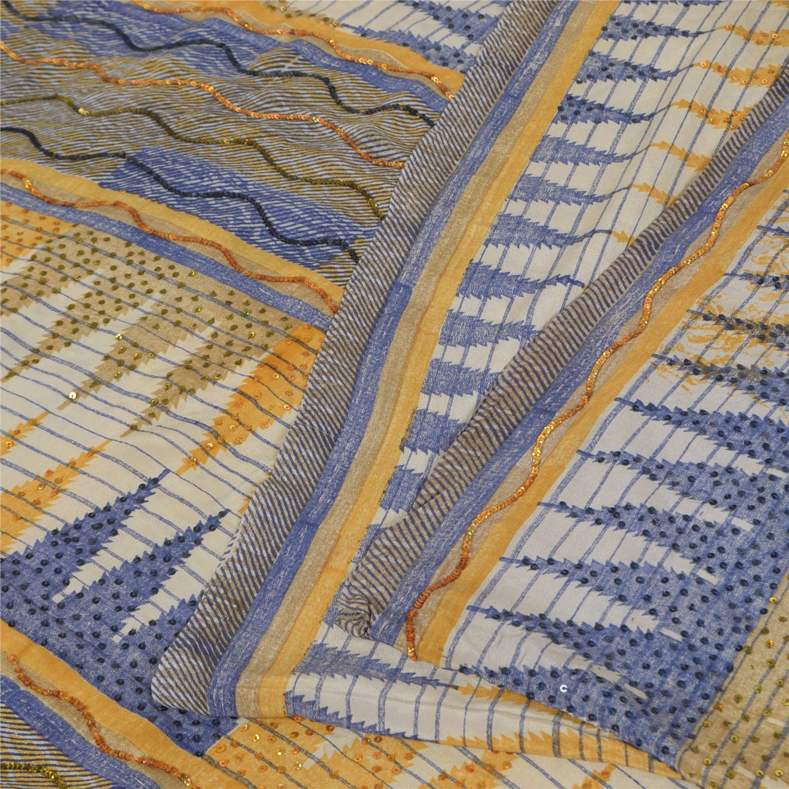 Sanskriti Vintage Sarees Embroidery Pure Crepe Silk Print Sari 5+yd Craft Fabric