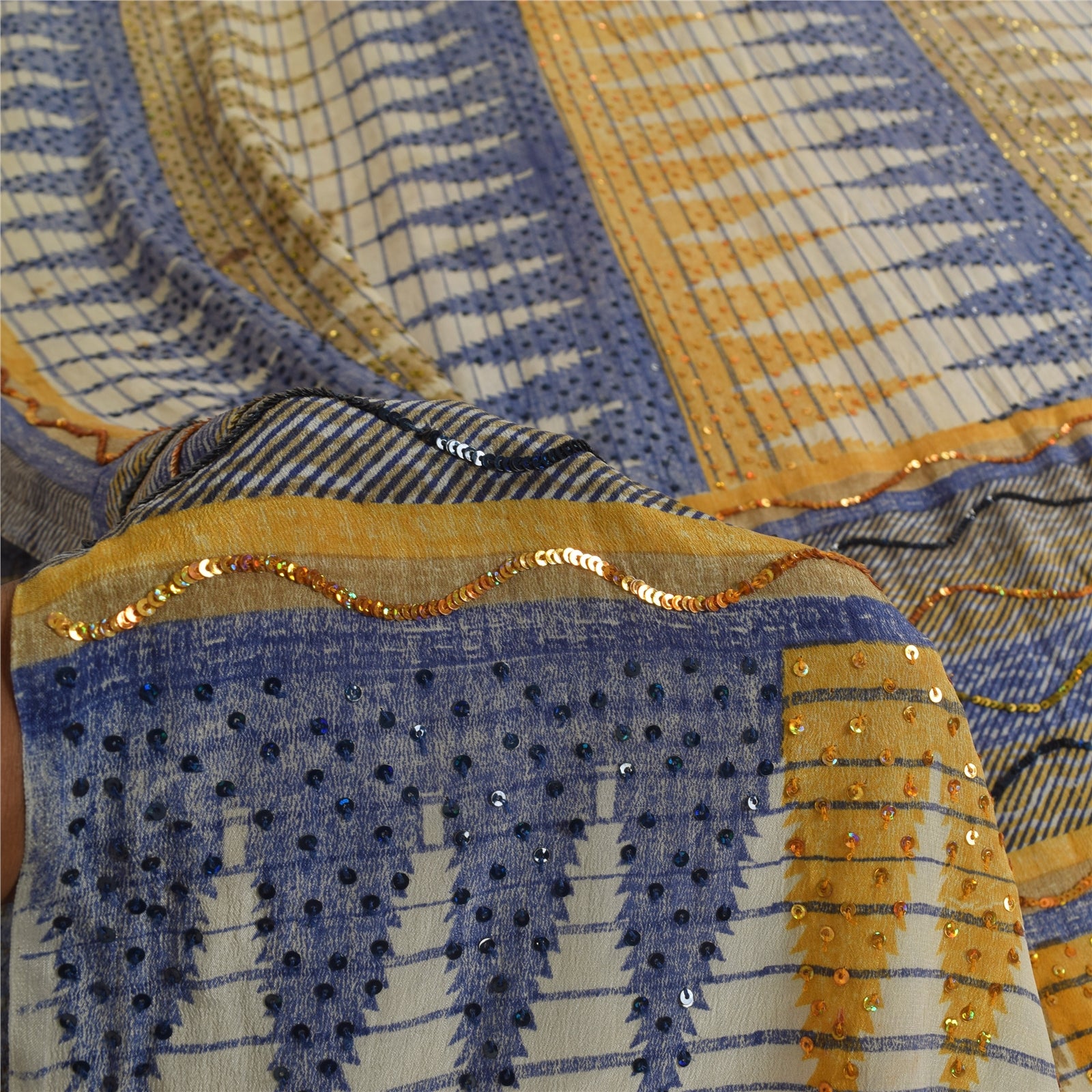 Sanskriti Vintage Sarees Embroidery Pure Crepe Silk Print Sari 5+yd Craft Fabric