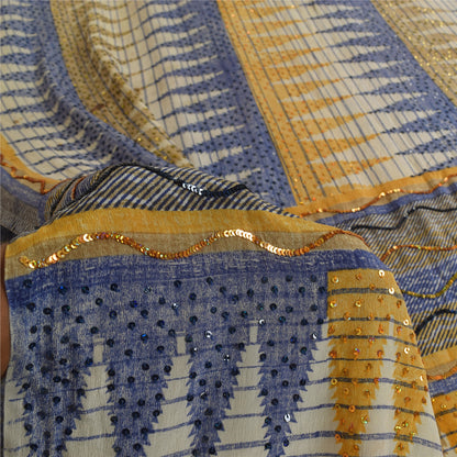 Sanskriti Vintage Sarees Embroidery Pure Crepe Silk Print Sari 5+yd Craft Fabric