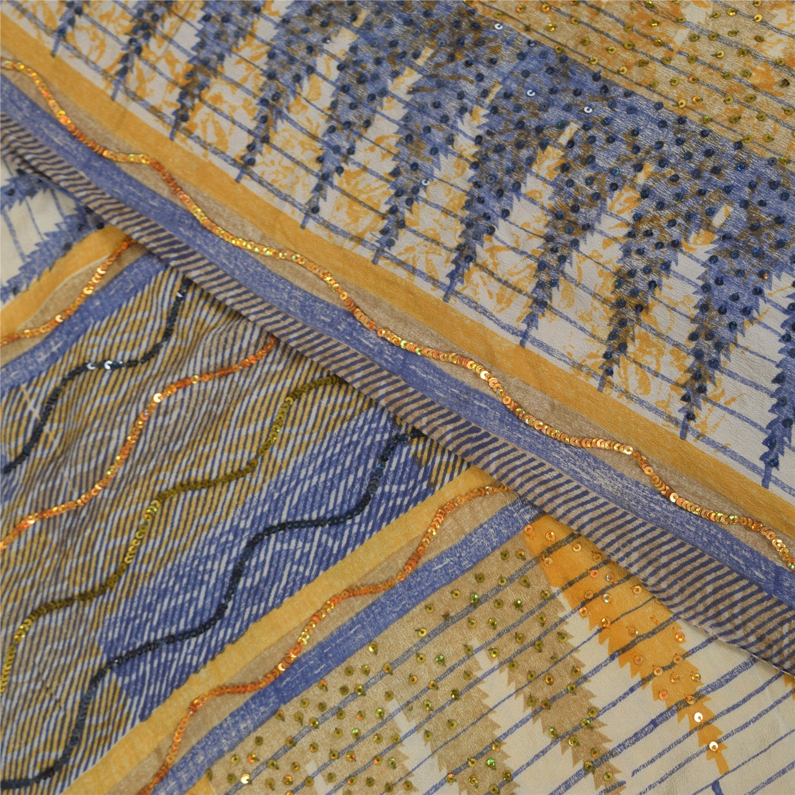 Sanskriti Vintage Sarees Embroidery Pure Crepe Silk Print Sari 5+yd Craft Fabric