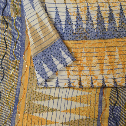 Sanskriti Vintage Sarees Embroidery Pure Crepe Silk Print Sari 5+yd Craft Fabric