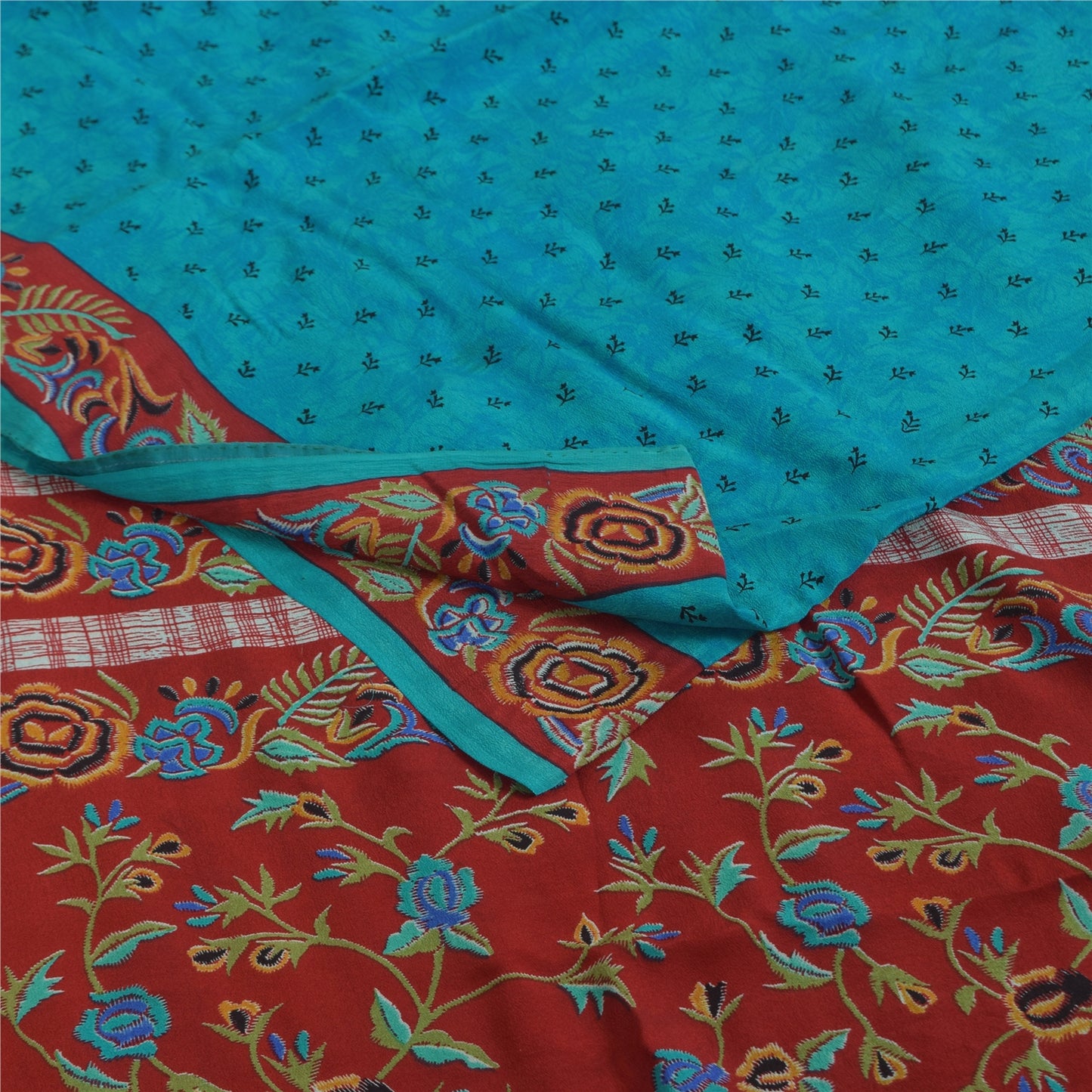 Sanskriti Vintage Sarees Blue Pure Crepe Silk Printed Sari 5+yd Craft Fabric