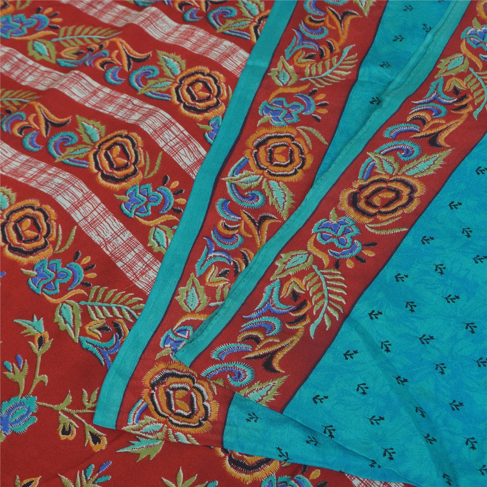 Sanskriti Vintage Sarees Blue Pure Crepe Silk Printed Sari 5+yd Craft Fabric