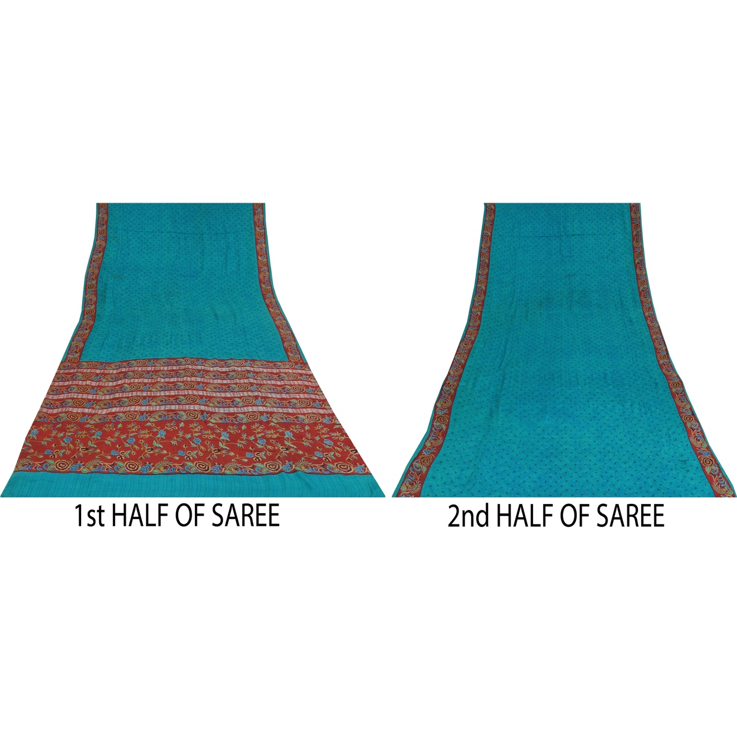 Sanskriti Vintage Sarees Blue Pure Crepe Silk Printed Sari 5+yd Craft Fabric