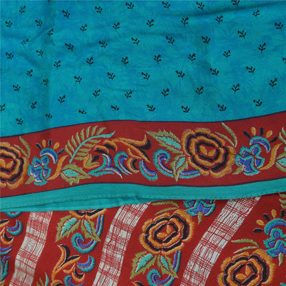 Sanskriti Vintage Sarees Blue Pure Crepe Silk Printed Sari 5+yd Craft Fabric