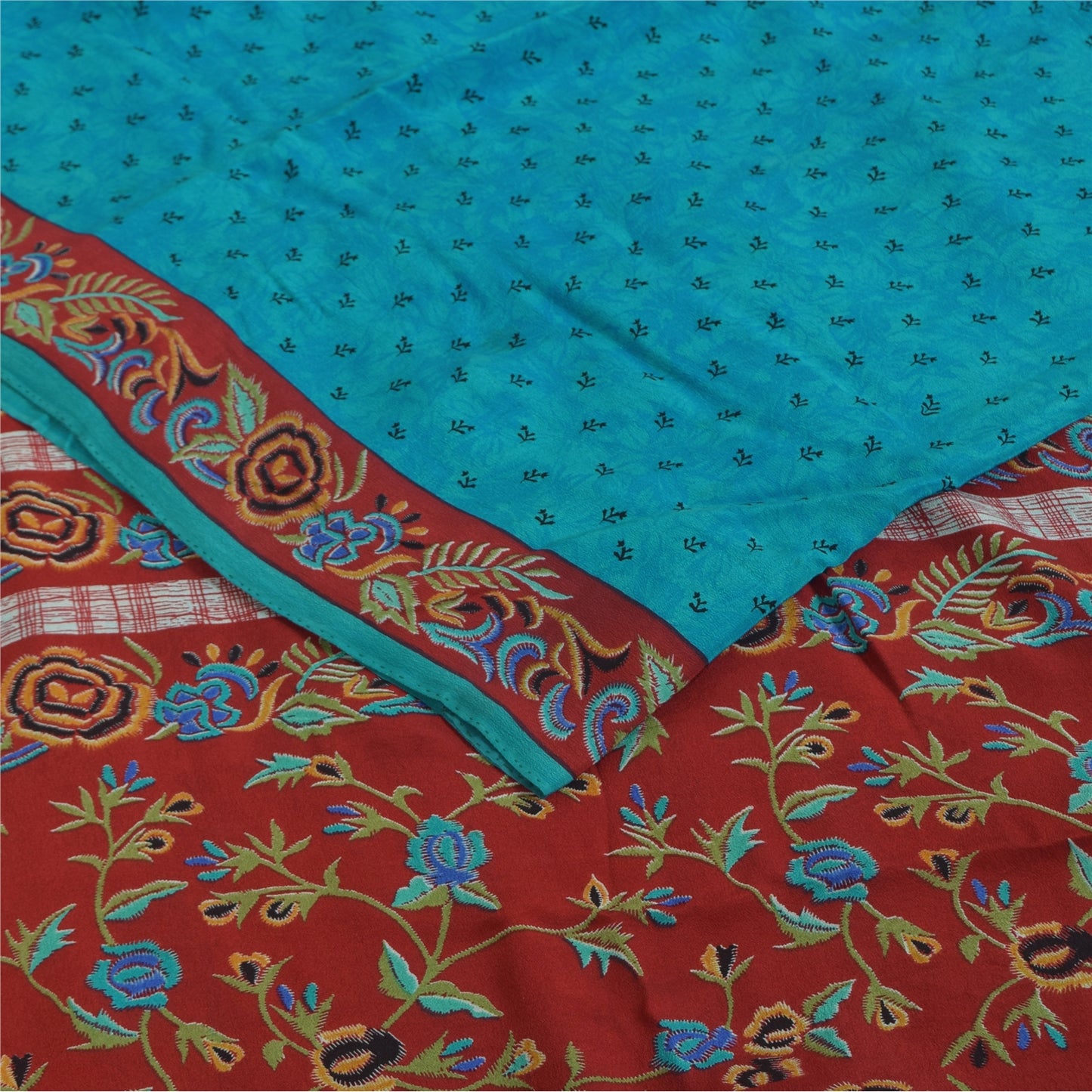 Sanskriti Vintage Sarees Blue Pure Crepe Silk Printed Sari 5+yd Craft Fabric