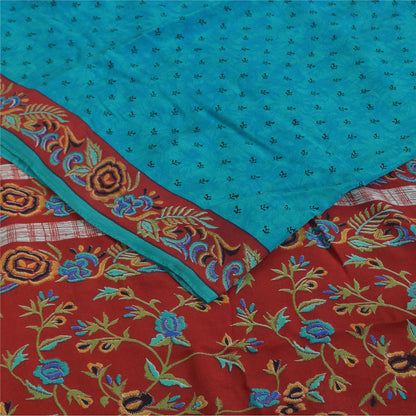 Sanskriti Vintage Sarees Blue Pure Crepe Silk Printed Sari 5+yd Craft Fabric