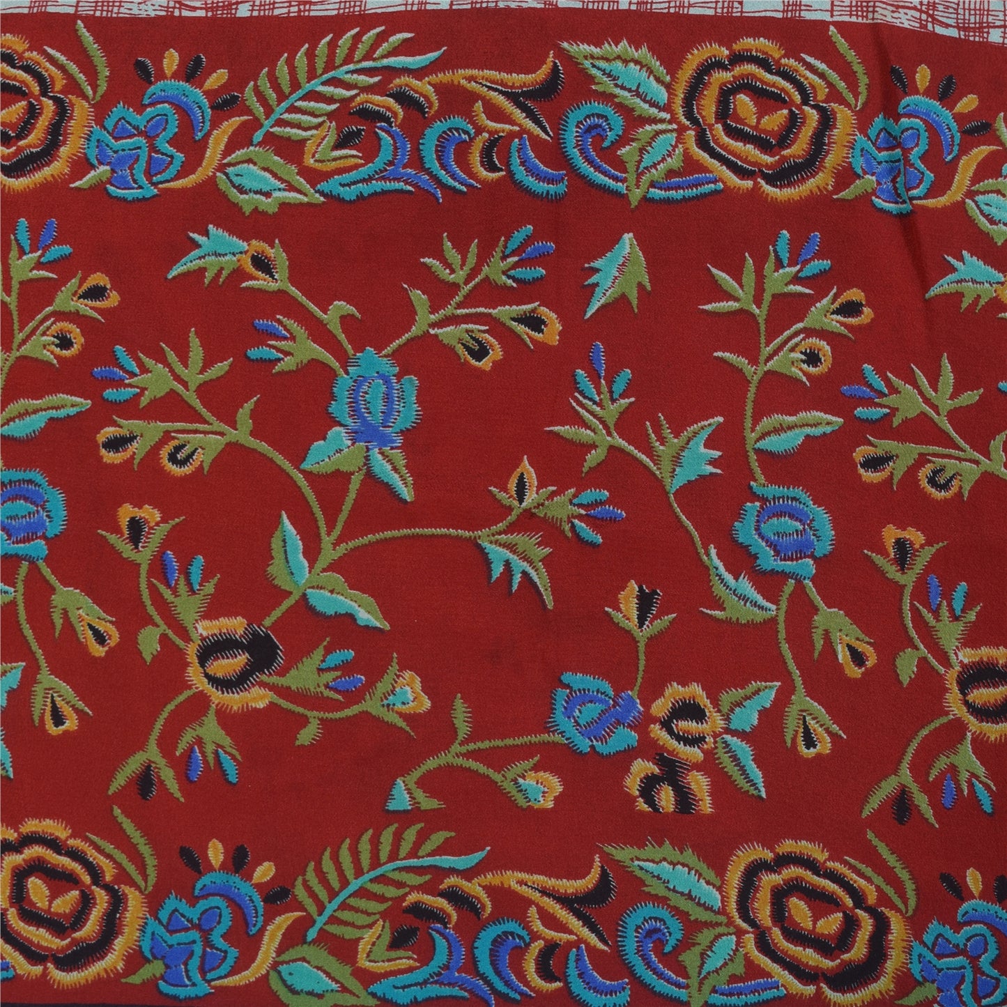 Sanskriti Vintage Sarees Blue Pure Crepe Silk Printed Sari 5+yd Craft Fabric