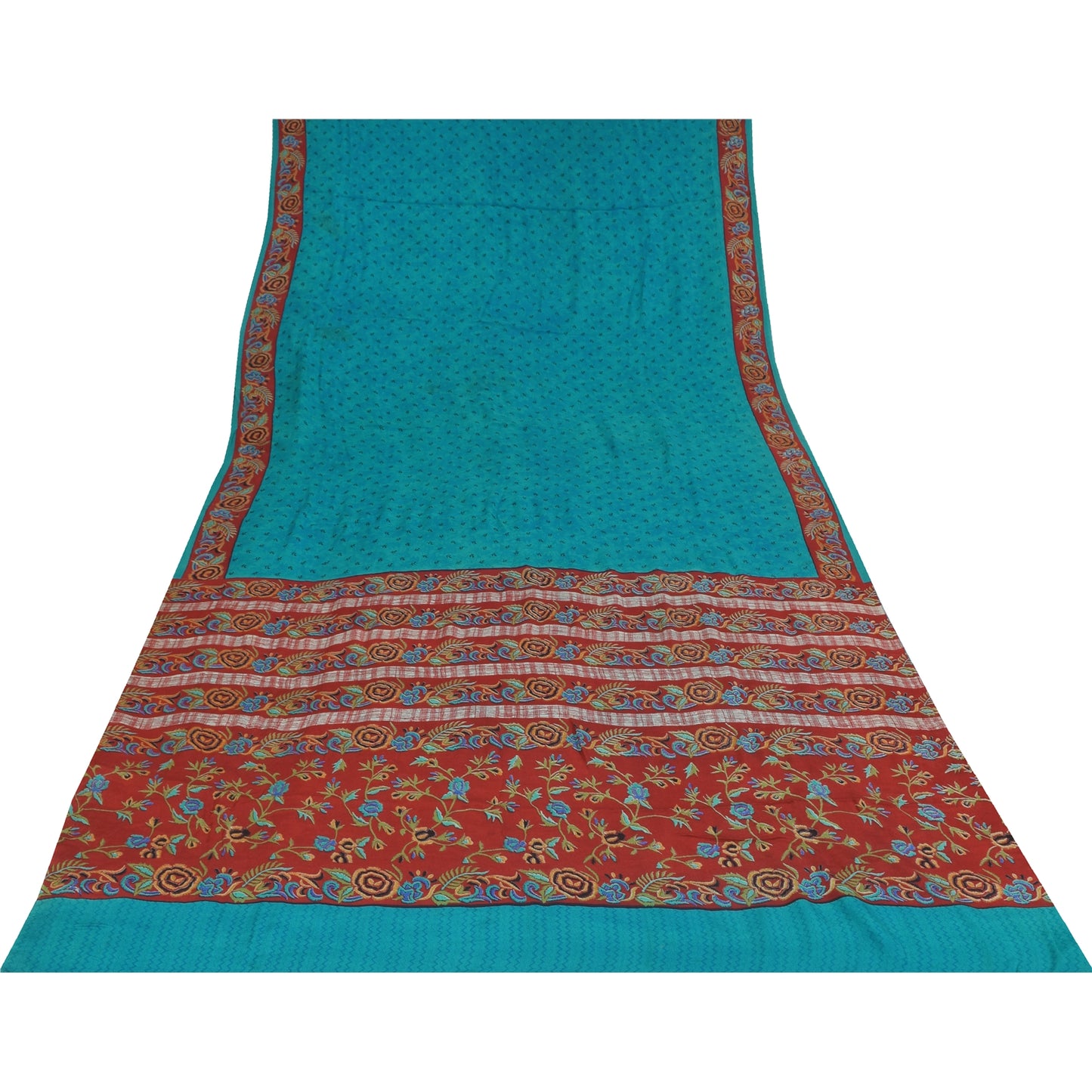 Sanskriti Vintage Sarees Blue Pure Crepe Silk Printed Sari 5+yd Craft Fabric