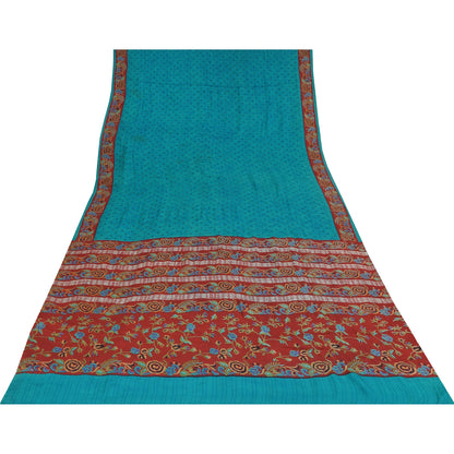 Sanskriti Vintage Sarees Blue Pure Crepe Silk Printed Sari 5+yd Craft Fabric
