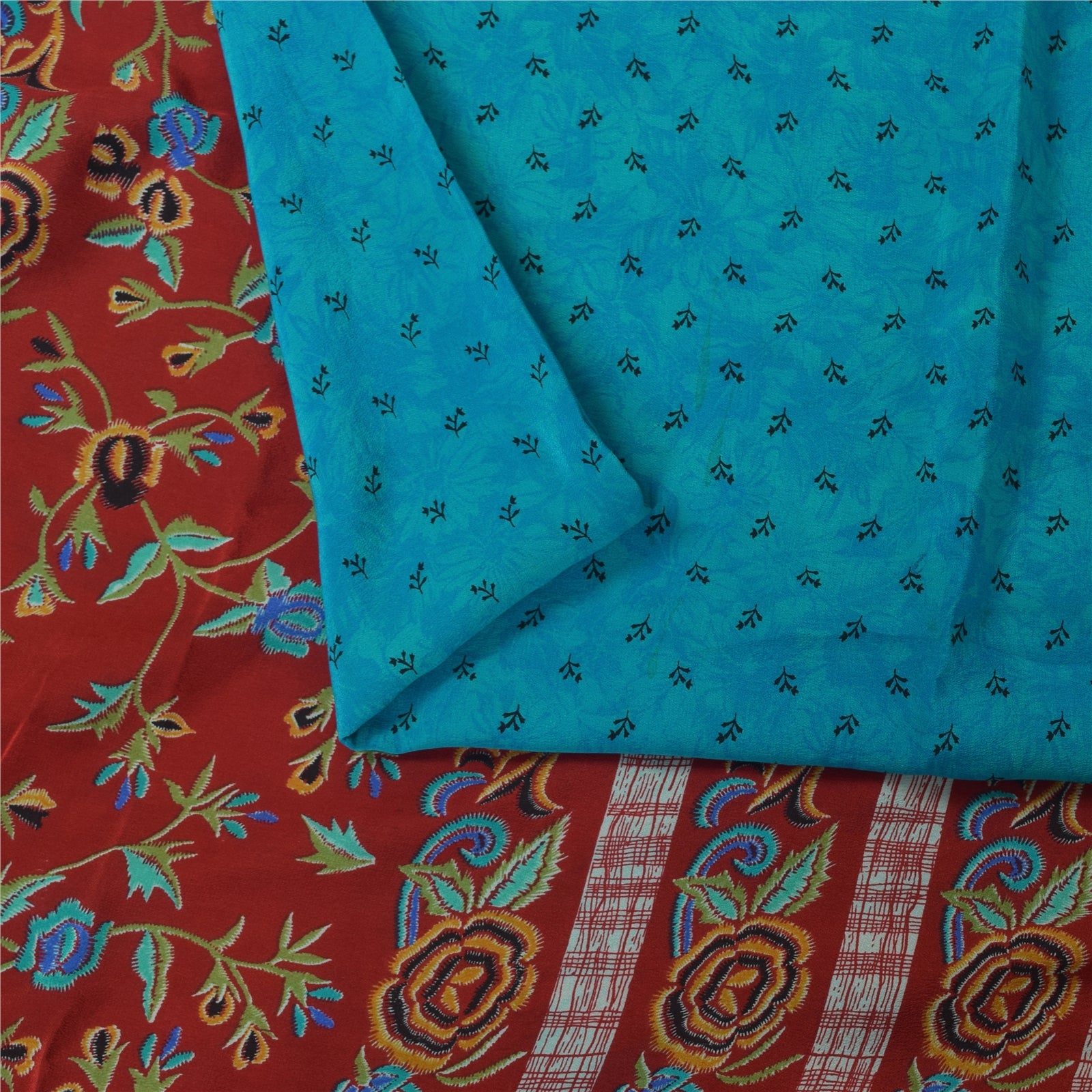 Sanskriti Vintage Sarees Blue Pure Crepe Silk Printed Sari 5+yd Craft Fabric