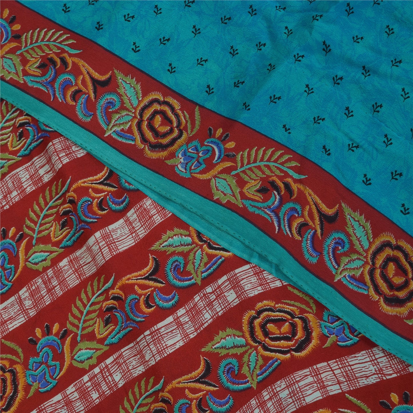 Sanskriti Vintage Sarees Blue Pure Crepe Silk Printed Sari 5+yd Craft Fabric