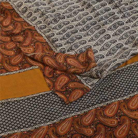 Sanskriti Vintage Sarees Cream Pure Crepe Silk Printed Sari 5+yd Craft Fabric