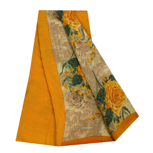 Sanskriti Vintage Sarees Cream Pure Crepe Silk Printed Sari 5+yd Craft Fabric