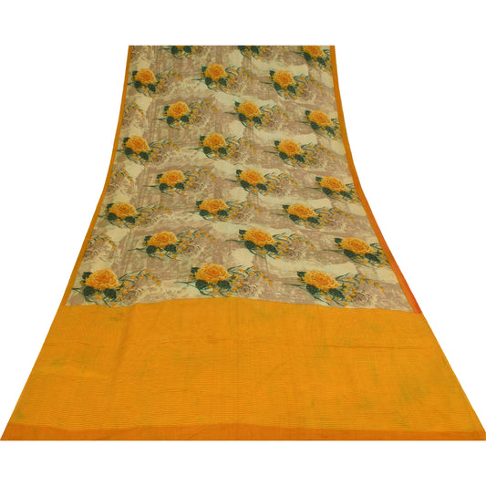 Sanskriti Vintage Sarees Cream Pure Crepe Silk Printed Sari 5+yd Craft Fabric