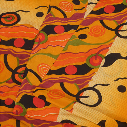 Sanskriti Vintage Sarees Yellow Pure Crepe Silk Printed Sari 5+yd Craft Fabric