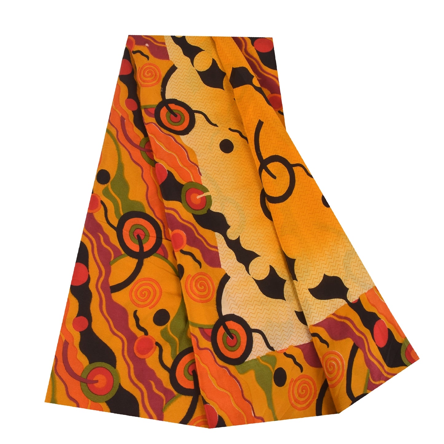 Sanskriti Vintage Sarees Yellow Pure Crepe Silk Printed Sari 5+yd Craft Fabric