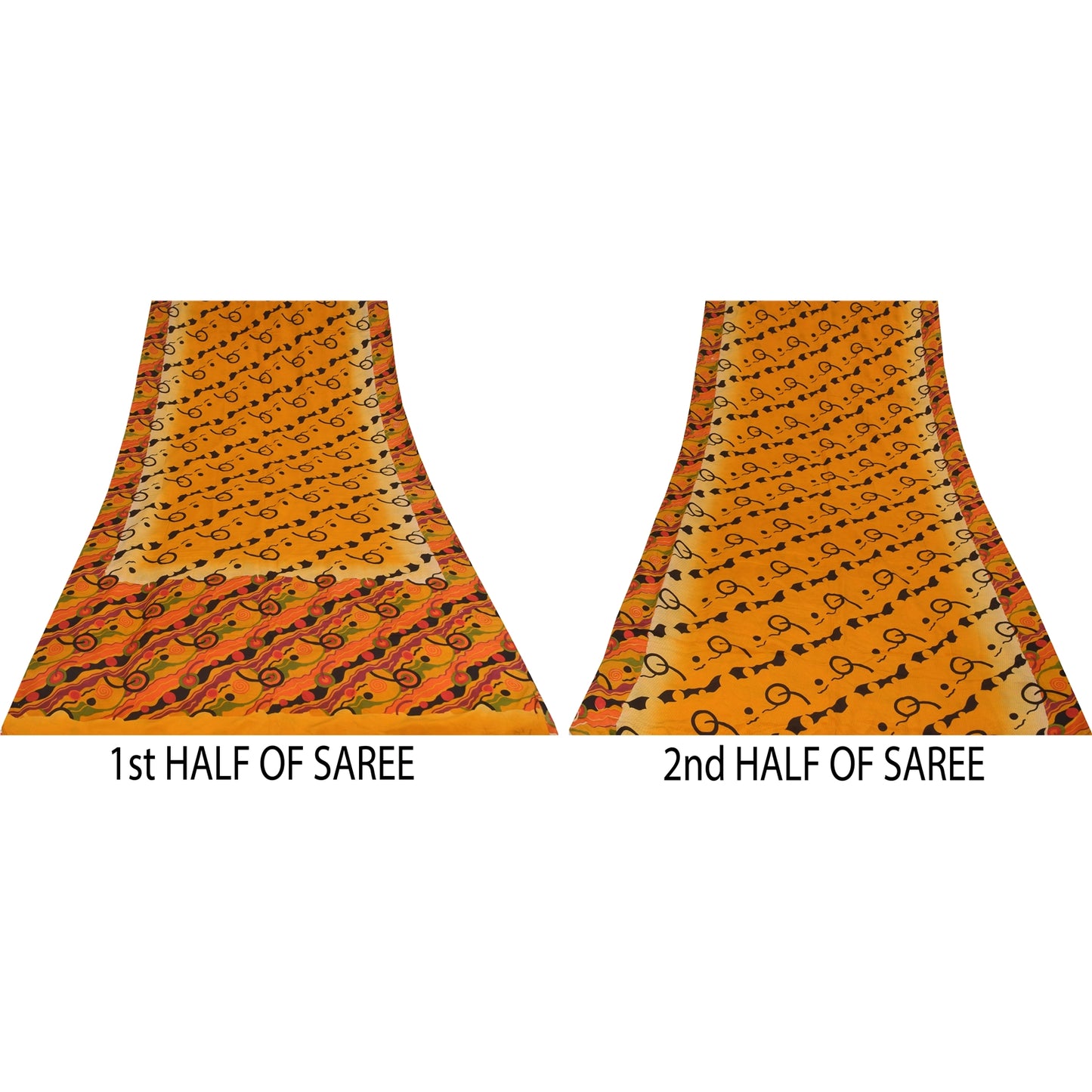 Sanskriti Vintage Sarees Yellow Pure Crepe Silk Printed Sari 5+yd Craft Fabric