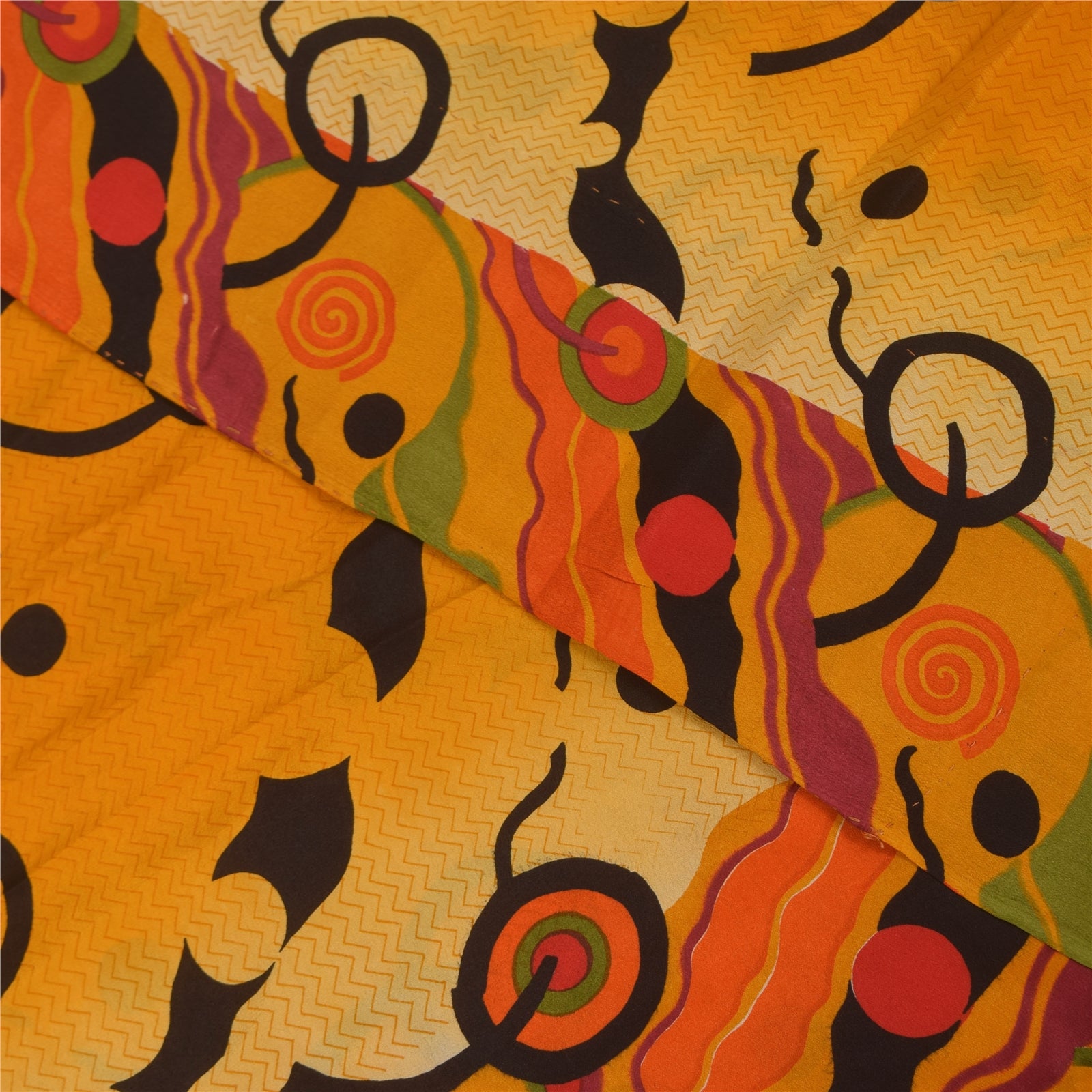 Sanskriti Vintage Sarees Yellow Pure Crepe Silk Printed Sari 5+yd Craft Fabric