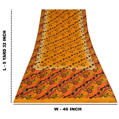 Sanskriti Vintage Sarees Yellow Pure Crepe Silk Printed Sari 5+yd Craft Fabric