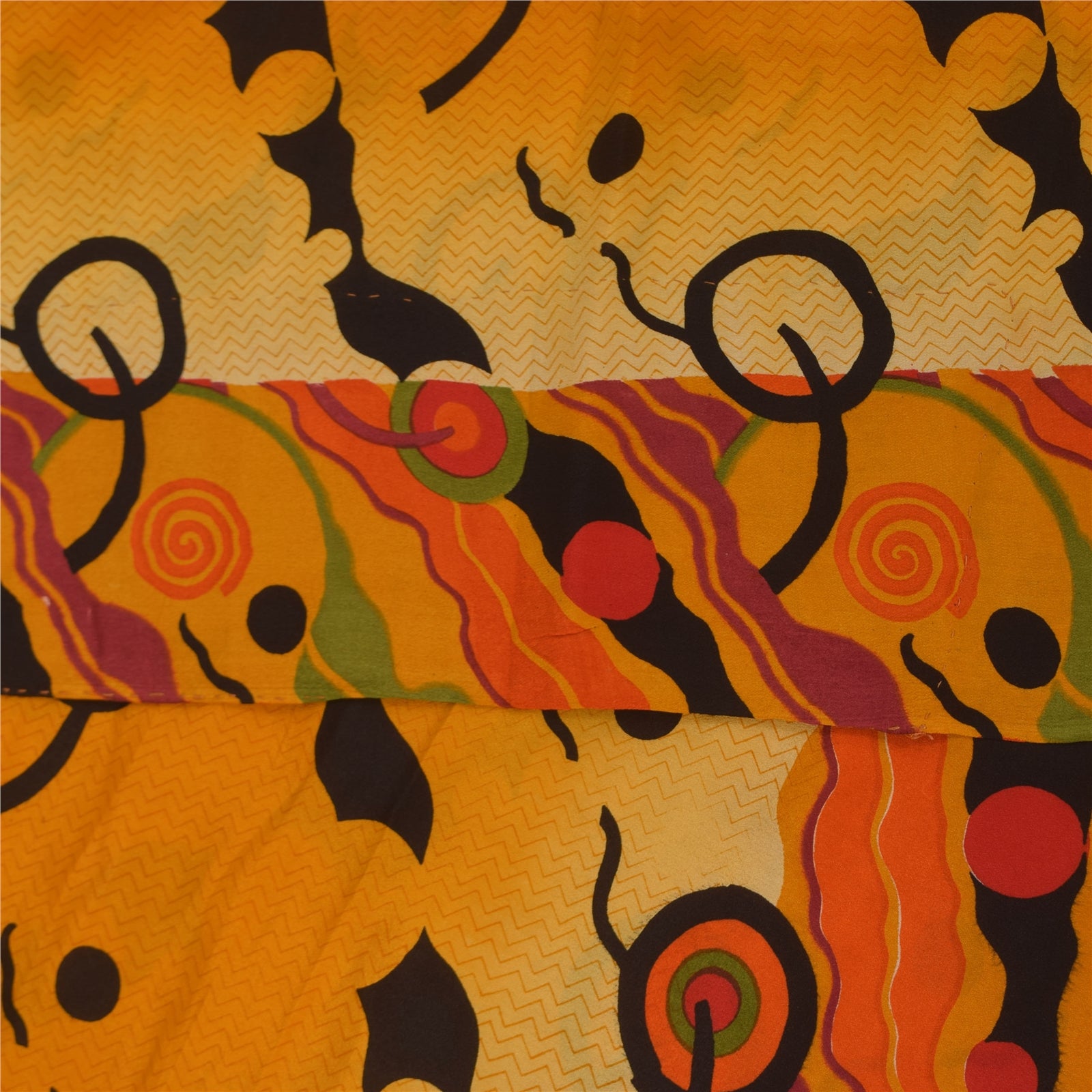 Sanskriti Vintage Sarees Yellow Pure Crepe Silk Printed Sari 5+yd Craft Fabric