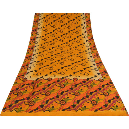 Sanskriti Vintage Sarees Yellow Pure Crepe Silk Printed Sari 5+yd Craft Fabric