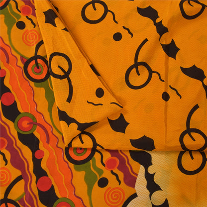 Sanskriti Vintage Sarees Yellow Pure Crepe Silk Printed Sari 5+yd Craft Fabric