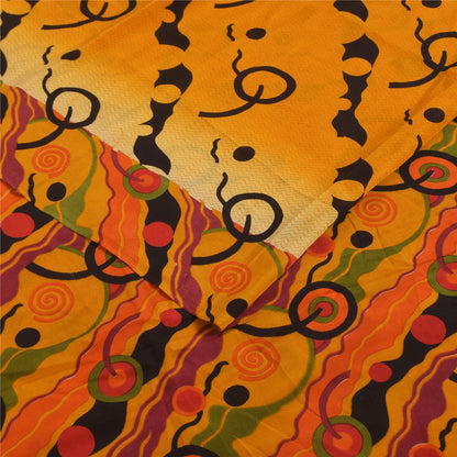 Sanskriti Vintage Sarees Yellow Pure Crepe Silk Printed Sari 5+yd Craft Fabric