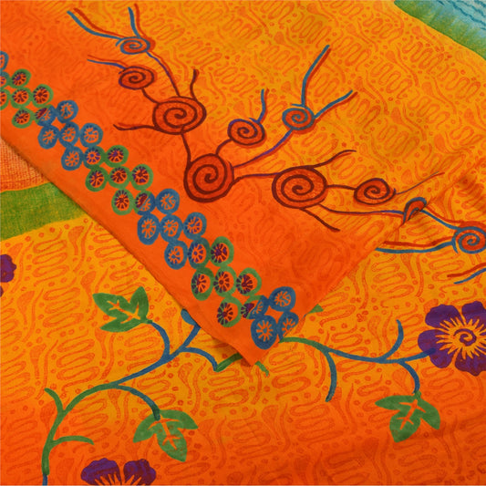 Sanskriti Vintage Sarees Multicolor Pure Crepe Silk Print Sari 5+yd Craft Fabric