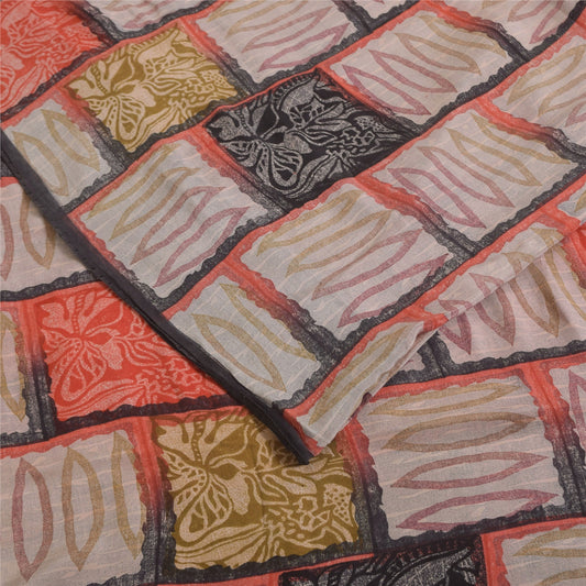 Sanskriti Vintage Sarees Multicolor Pure Crepe Silk Print Sari 5+yd Craft Fabric