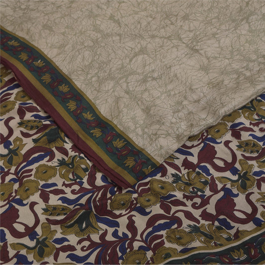 Sanskriti Vintage Sarees Cream Pure Crepe Silk Printed Sari 5+yd Craft Fabric