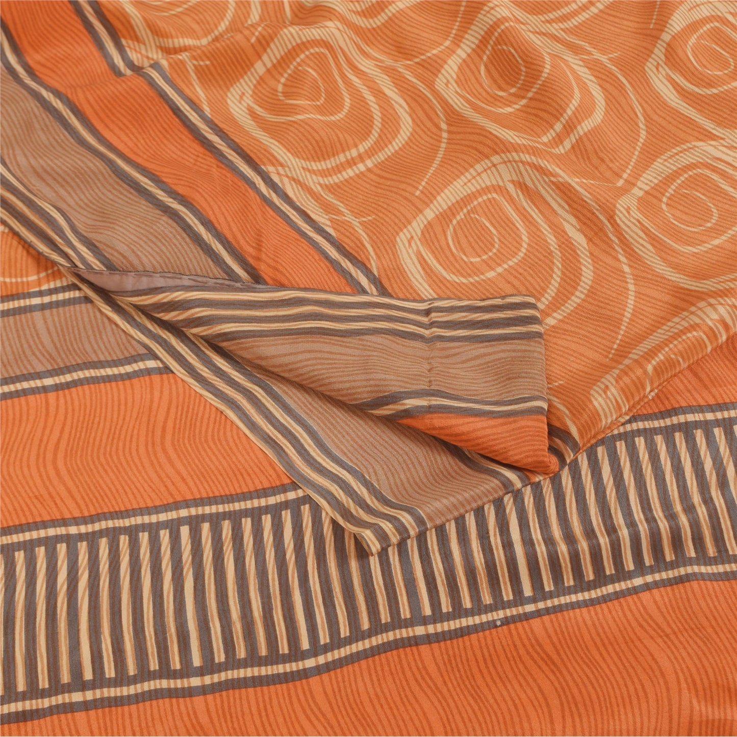 Sanskriti Vintage Sarees Peach Pure Crepe Silk Printed Sari 5+yd Craft Fabric