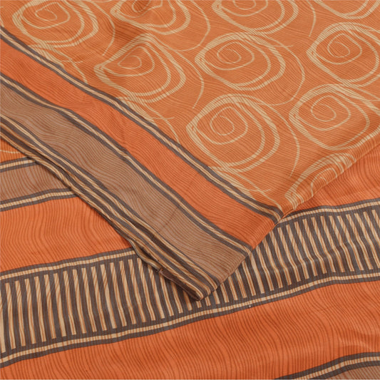 Sanskriti Vintage Sarees Peach Pure Crepe Silk Printed Sari 5+yd Craft Fabric