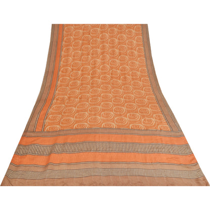 Sanskriti Vintage Sarees Peach Pure Crepe Silk Printed Sari 5+yd Craft Fabric