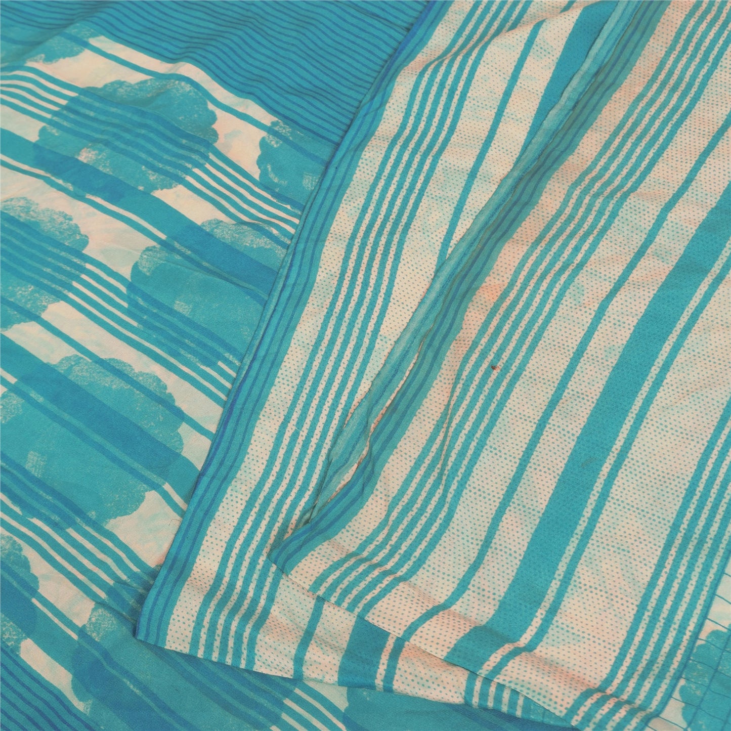 Sanskriti Vintage Sarees Ivory & Blue Pure Crepe Printed Sari 5+yd Craft Fabric