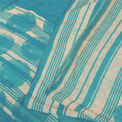 Sanskriti Vintage Sarees Ivory & Blue Pure Crepe Printed Sari 5+yd Craft Fabric