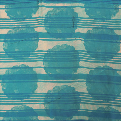 Sanskriti Vintage Sarees Ivory & Blue Pure Crepe Printed Sari 5+yd Craft Fabric