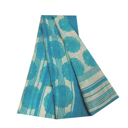 Sanskriti Vintage Sarees Ivory & Blue Pure Crepe Printed Sari 5+yd Craft Fabric