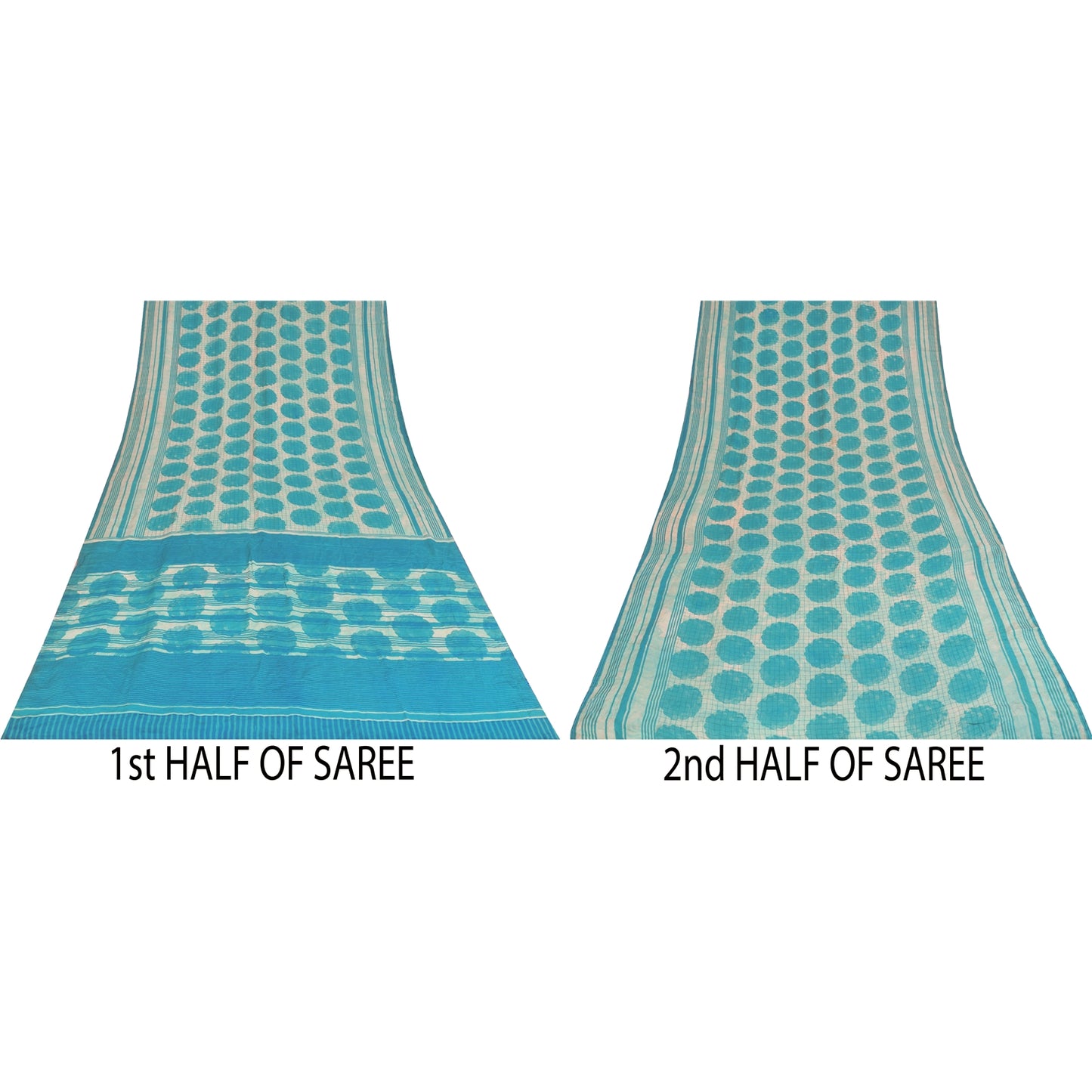 Sanskriti Vintage Sarees Ivory & Blue Pure Crepe Printed Sari 5+yd Craft Fabric