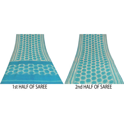 Sanskriti Vintage Sarees Ivory & Blue Pure Crepe Printed Sari 5+yd Craft Fabric