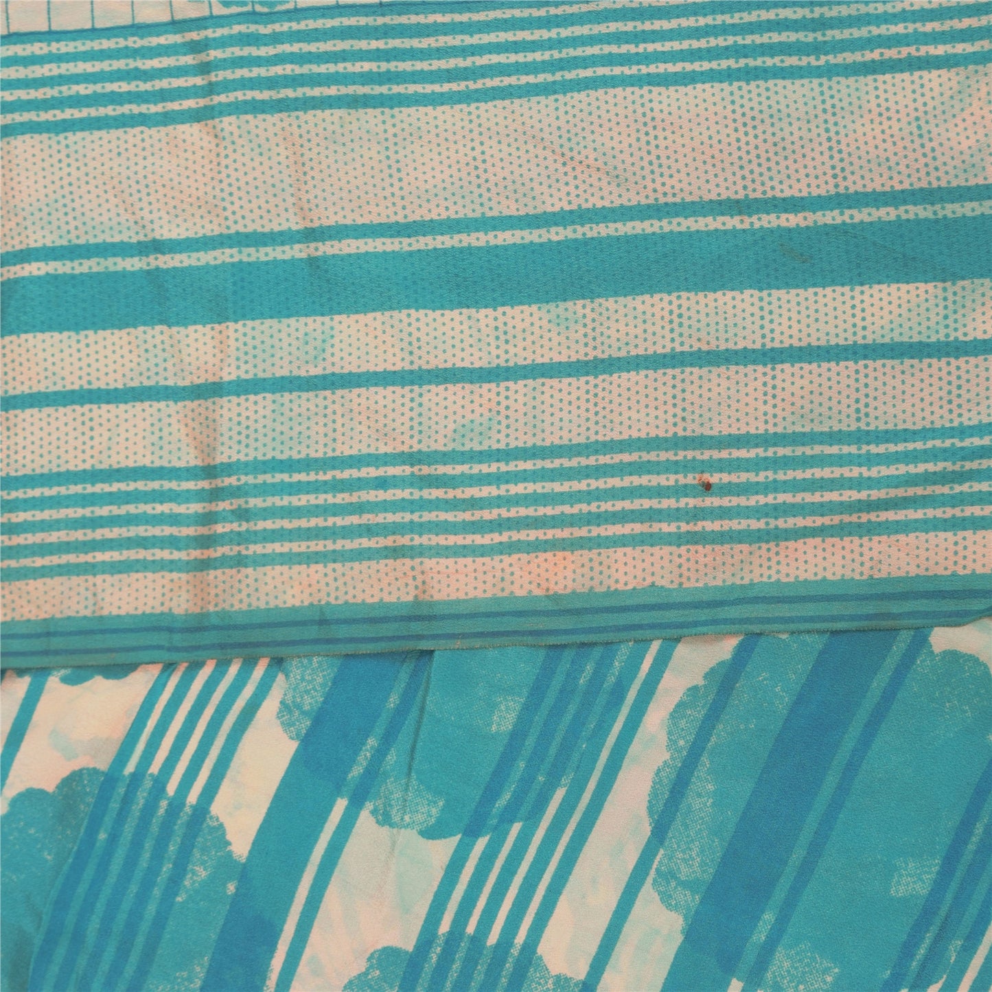 Sanskriti Vintage Sarees Ivory & Blue Pure Crepe Printed Sari 5+yd Craft Fabric