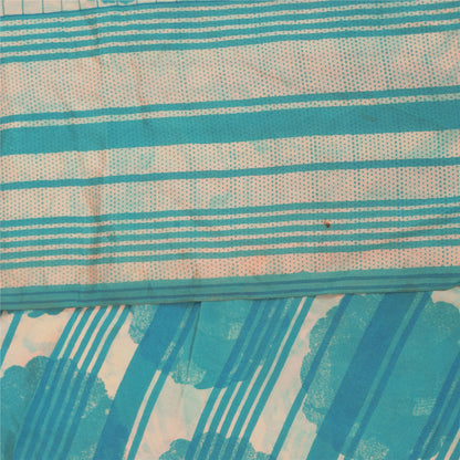 Sanskriti Vintage Sarees Ivory & Blue Pure Crepe Printed Sari 5+yd Craft Fabric