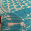 Sanskriti Vintage Sarees Ivory & Blue Pure Crepe Printed Sari 5+yd Craft Fabric
