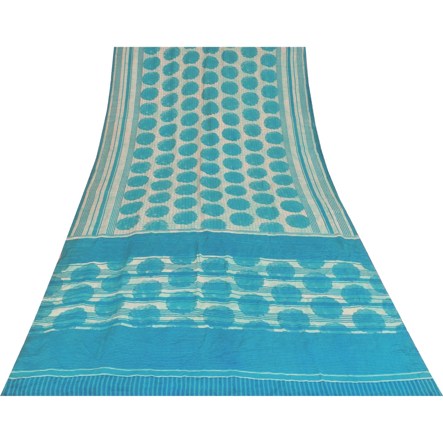 Sanskriti Vintage Sarees Ivory & Blue Pure Crepe Printed Sari 5+yd Craft Fabric