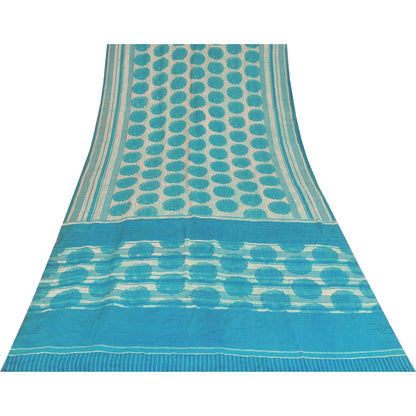Sanskriti Vintage Sarees Ivory & Blue Pure Crepe Printed Sari 5+yd Craft Fabric